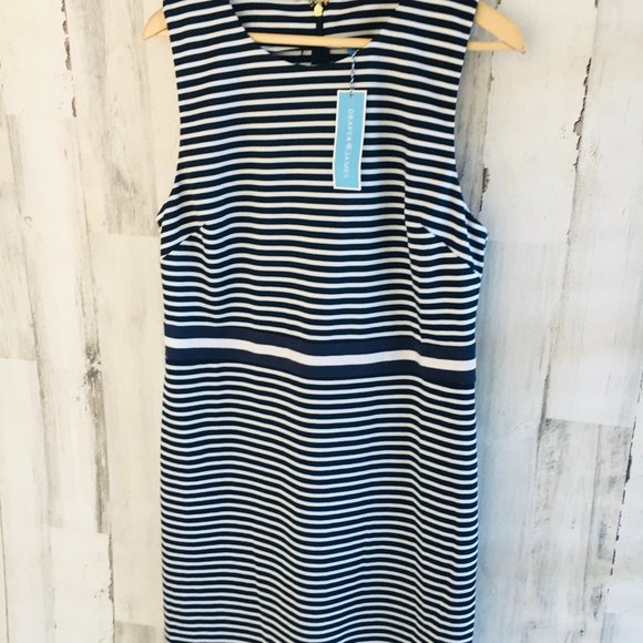 Draper James Striped Ponte Sheath Dress Navy Work - Picture 2 of 12